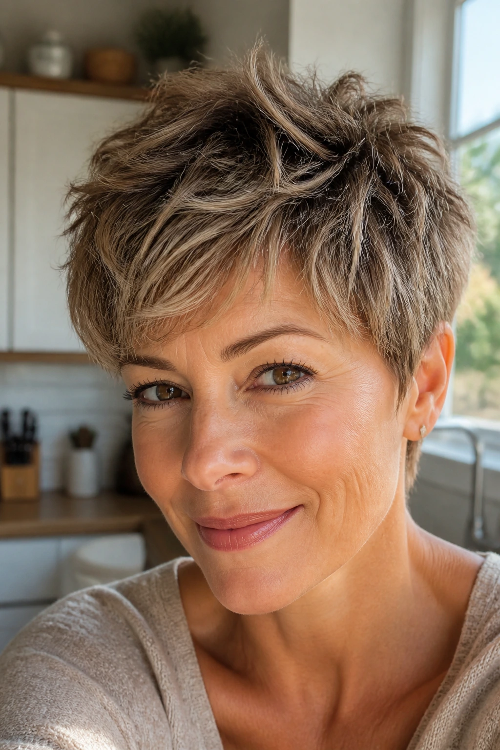 Close-up of short pixie shag with micro babylights on a real person