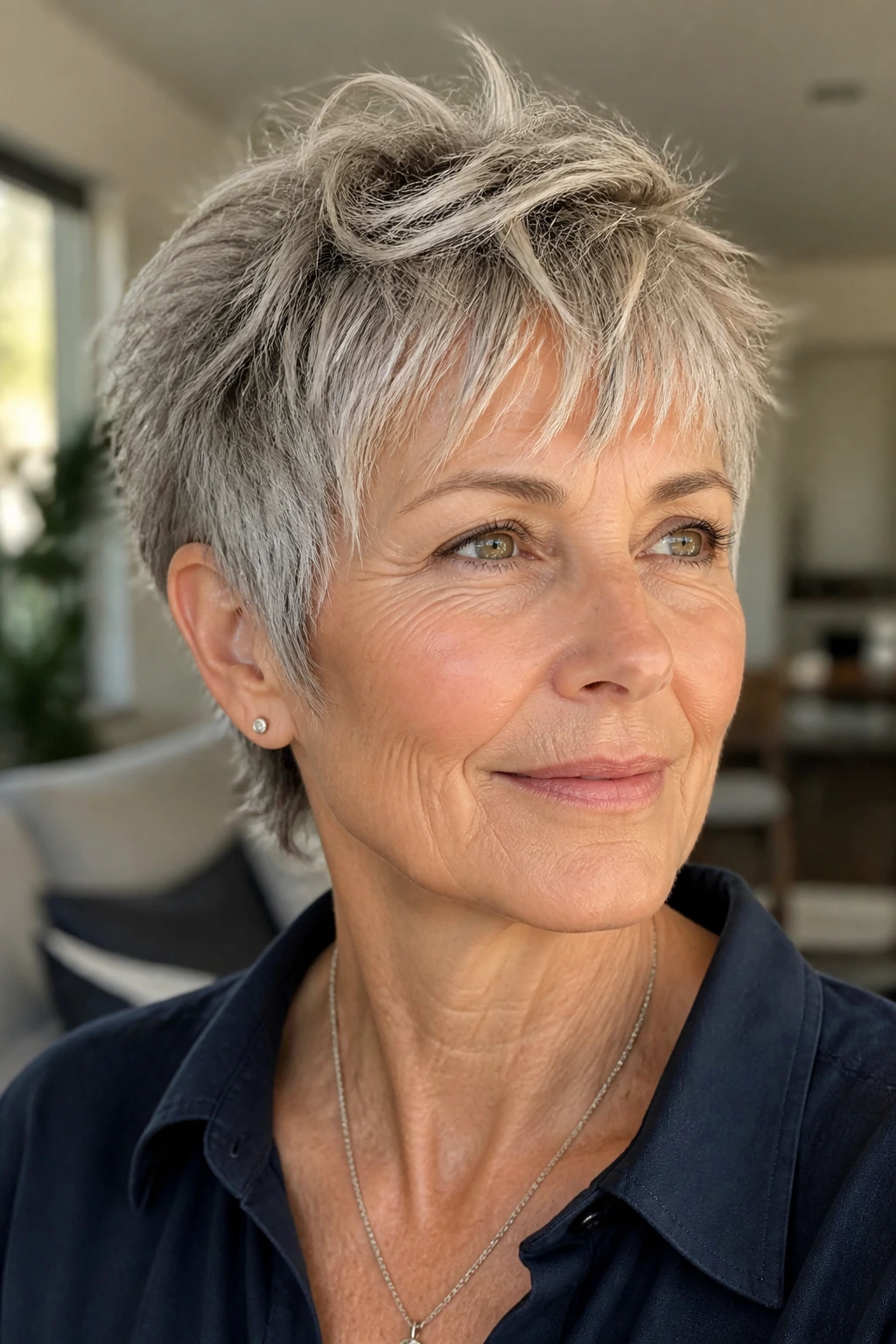 Real woman with short pixie shag and choppy top layers in bright home setting