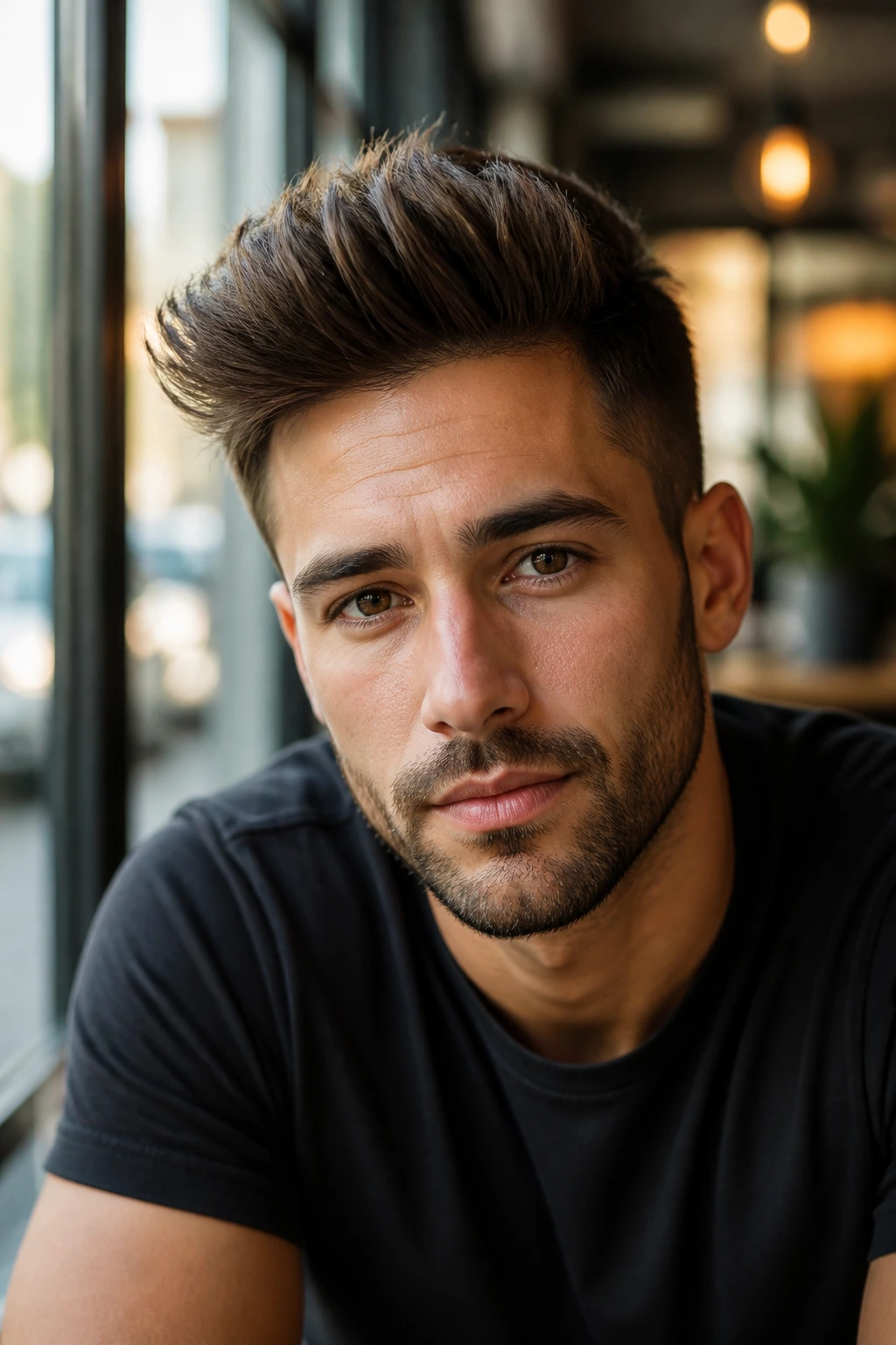 Close-up of man with short pompadour with airy height in cafe setting