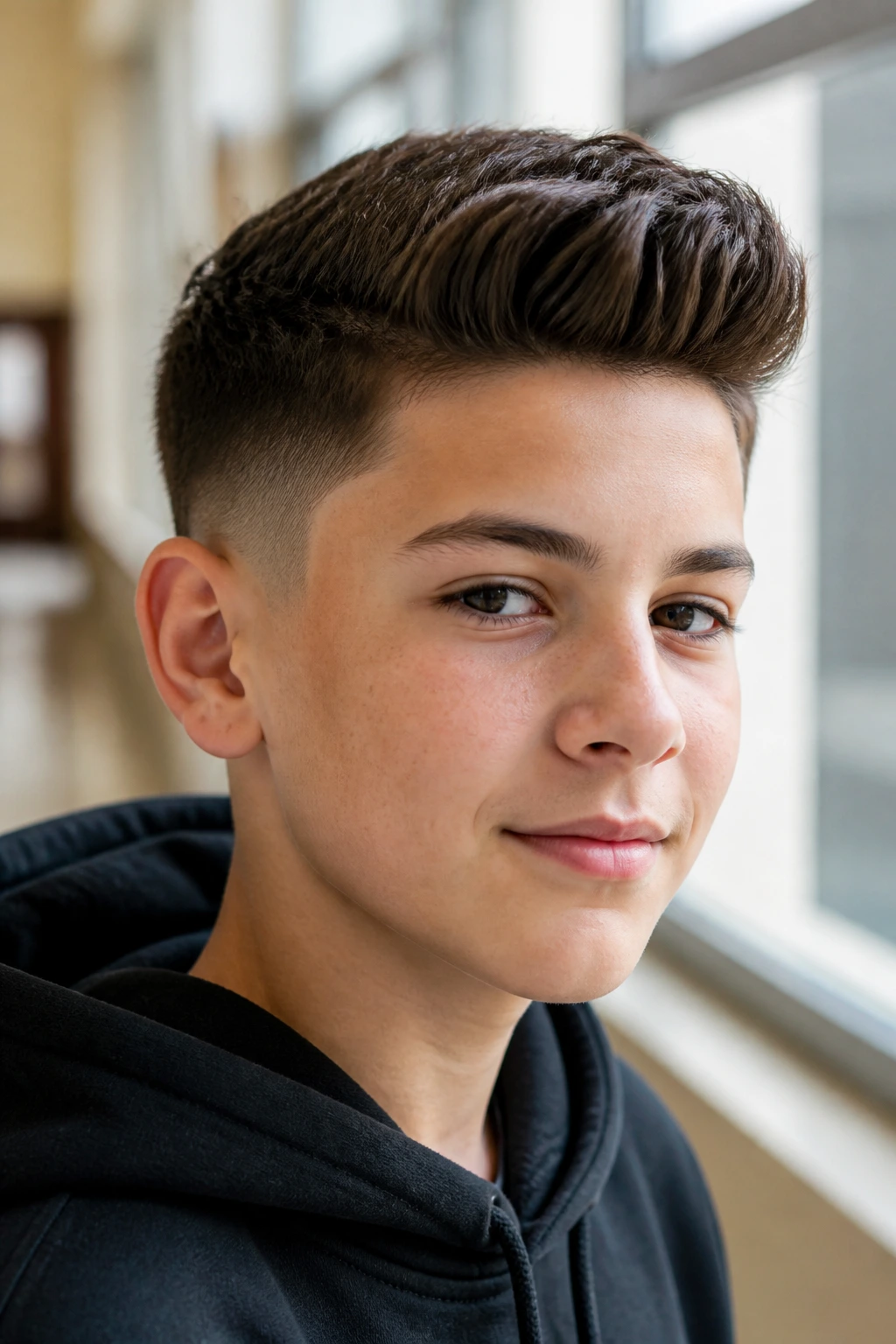 Portrait of a boy with a short pompadour hairstyle