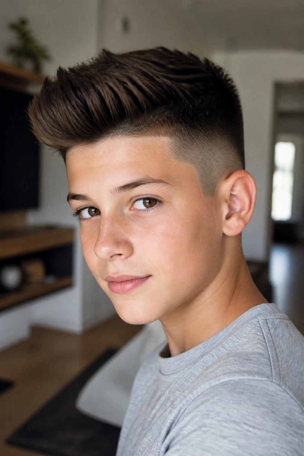 Close-up portrait of a boy with a short pompadour and burst fade
