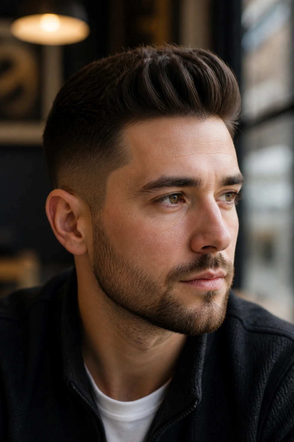 Close-up portrait of a man with Short Pompadour with Matte Finish hairstyle