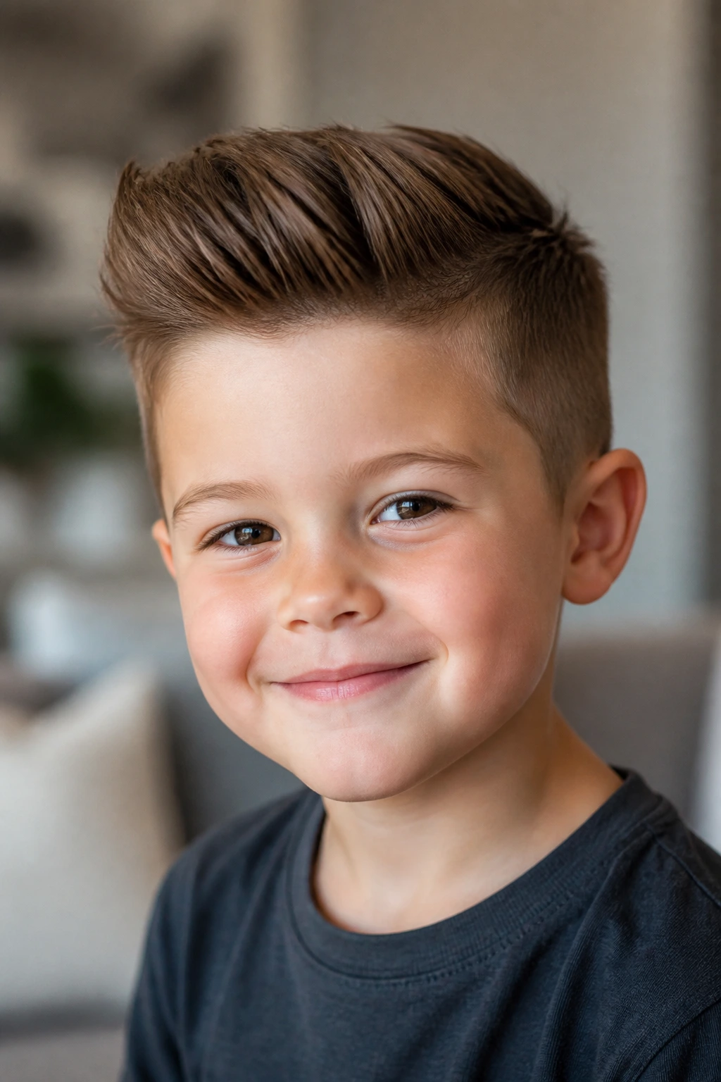 Close-up of a real five-year-old boy with a short pompadour and tapered sides.