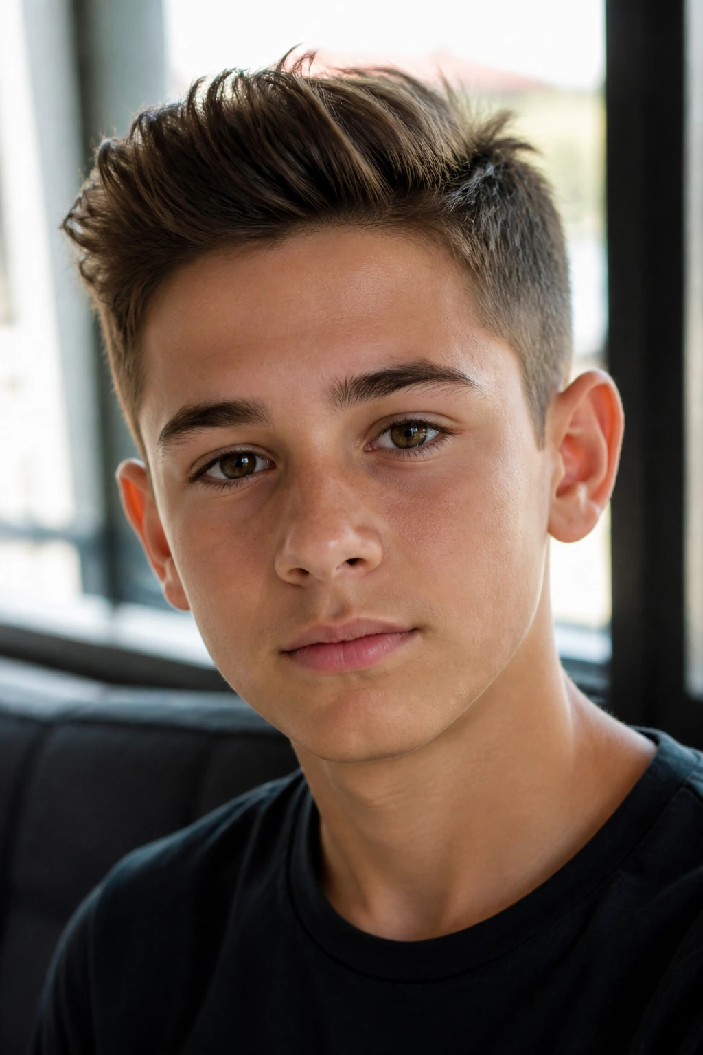 Boy with short quiff hairstyle in a window-lit indoor setting.