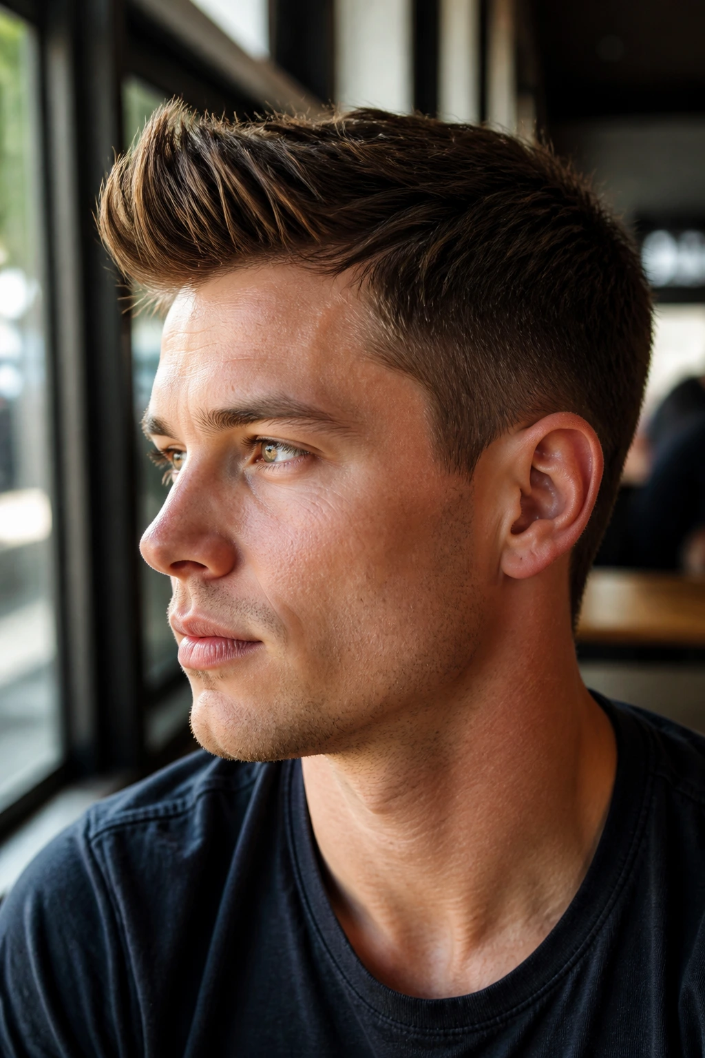 Portrait of a man with a short quiff and matte lift