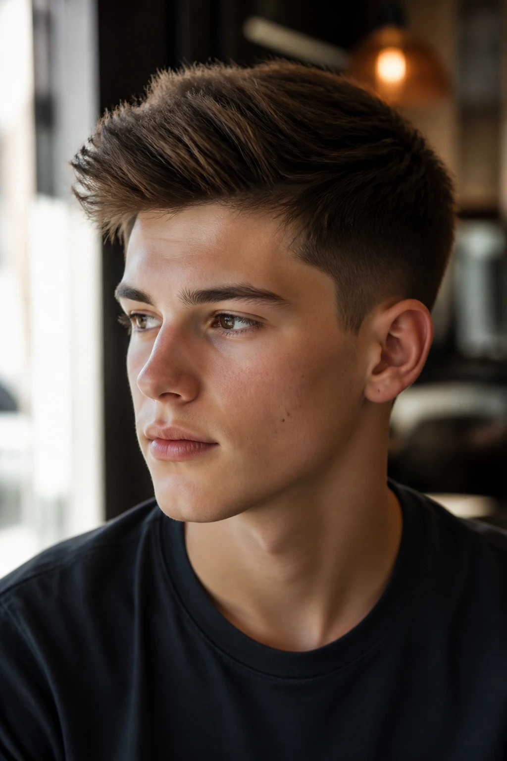 Close-up portrait of a real teenage boy with a short quiff and oval face in warm cafe light