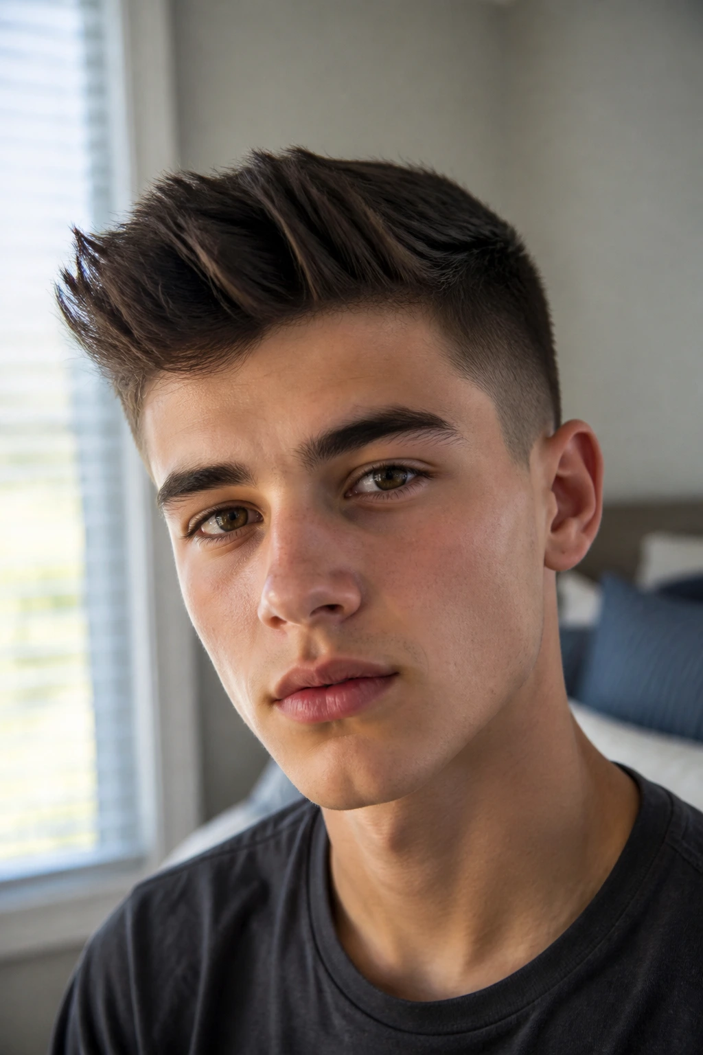 Close-up of a real boy with a short quiff styled upward.