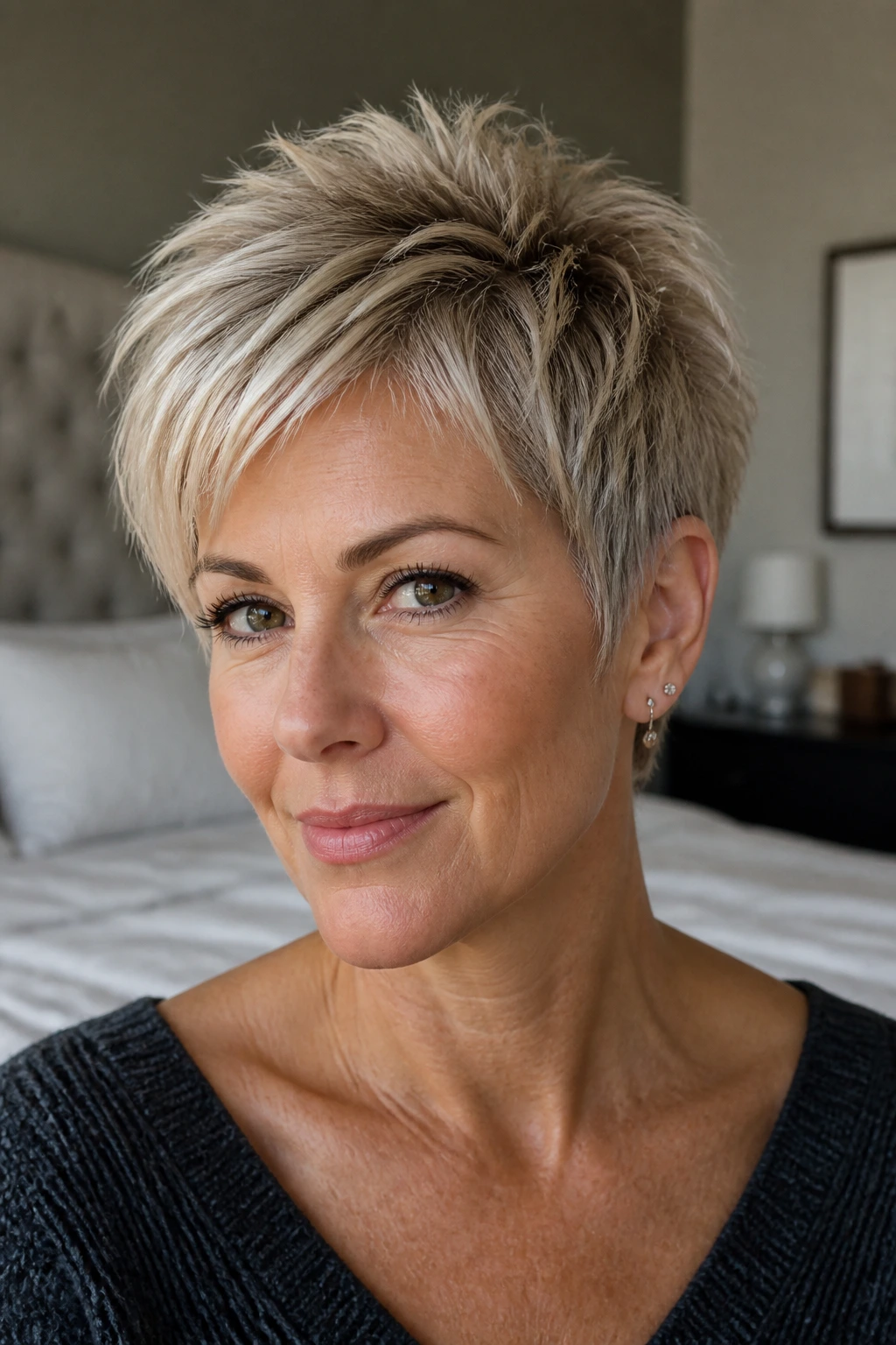 Close-up portrait of a real woman with a short rocker chic haircut in warm bedroom light.