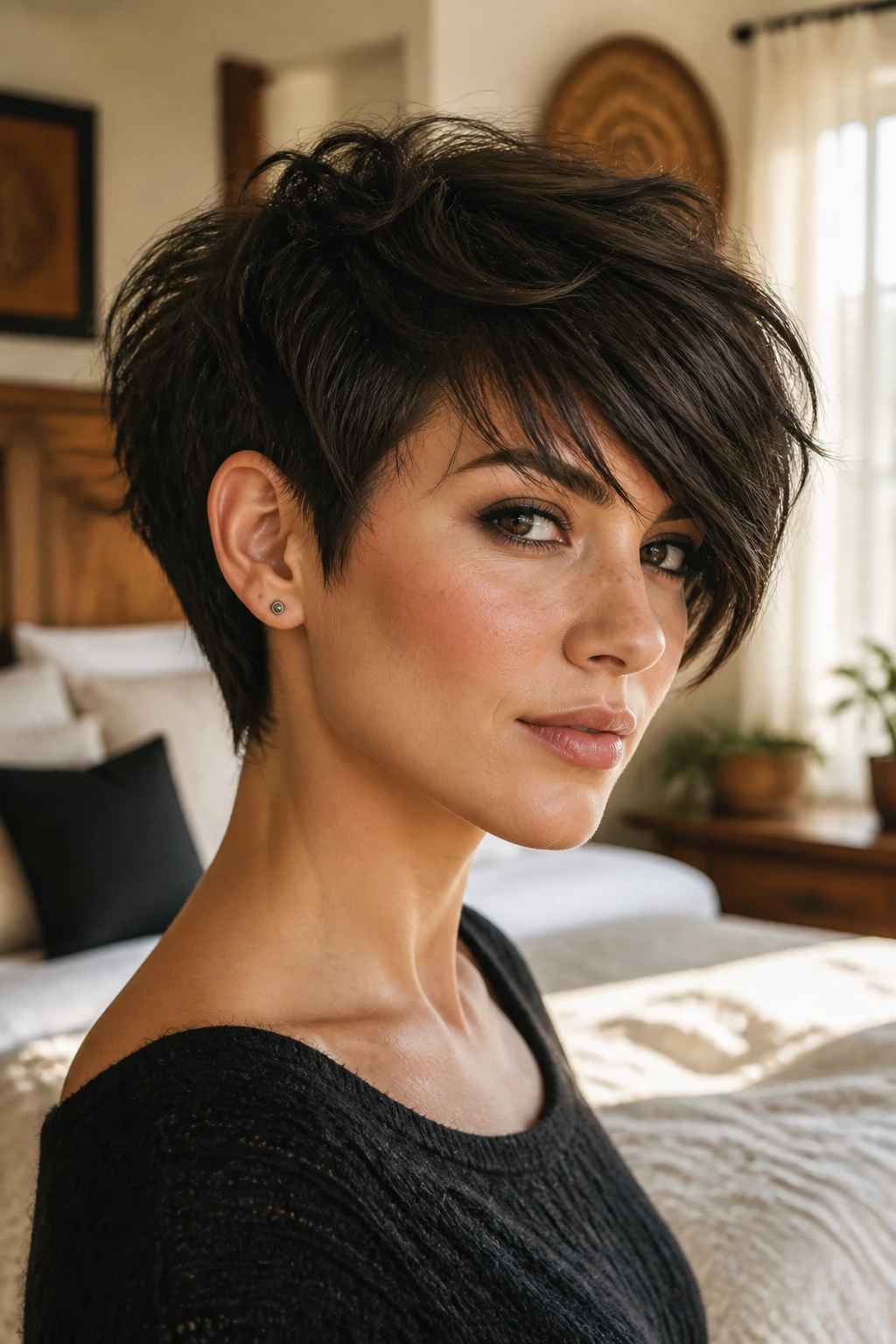Close-up portrait of a woman with a short rocker haircut styled to look intentional in a sunlit bedroom