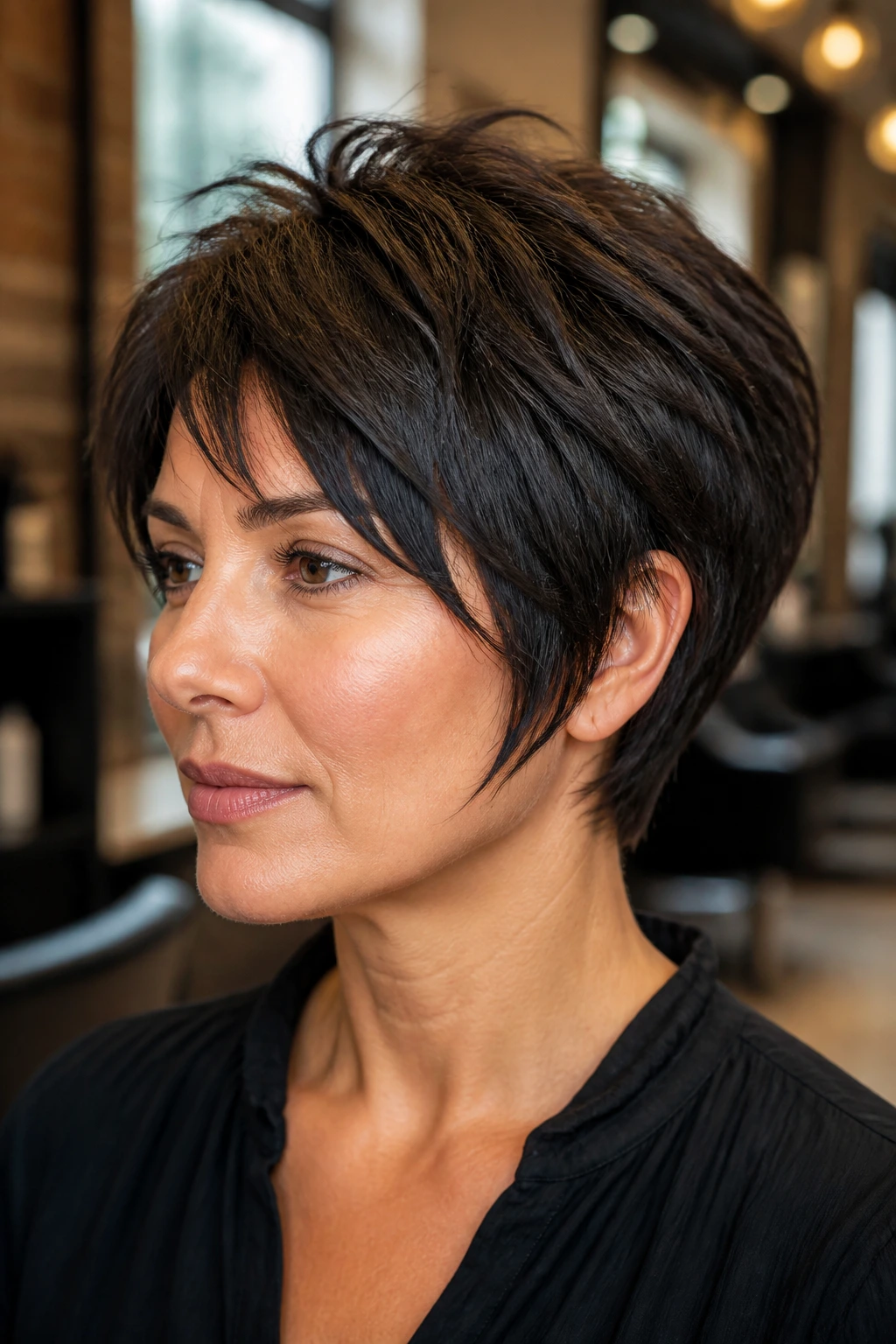 Close-up portrait of a real woman with a sharp-edged short rocker hairstyle, thick hair framing the face.