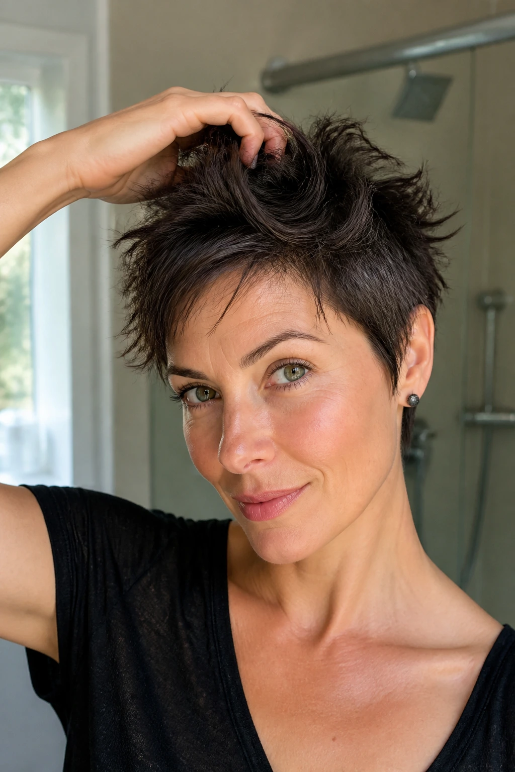 Close-up of real woman with short rocker cut showing styling hold and lift