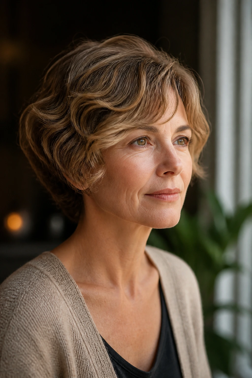 Close-up portrait of a real woman with a short rounded wavy haircut emphasizing wave-friendly silhouette.