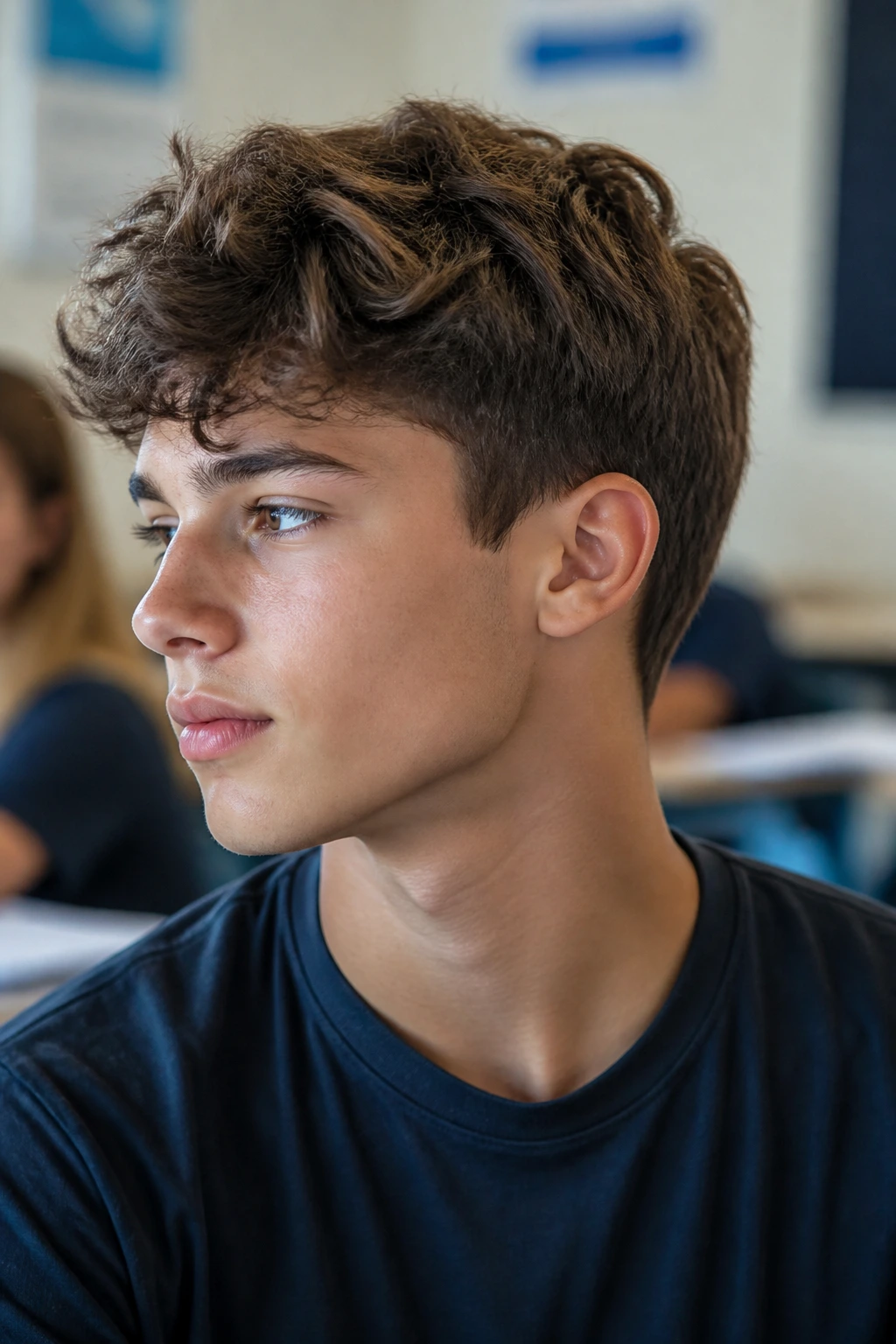 Portrait of a boy with a textured short haircut showing movement