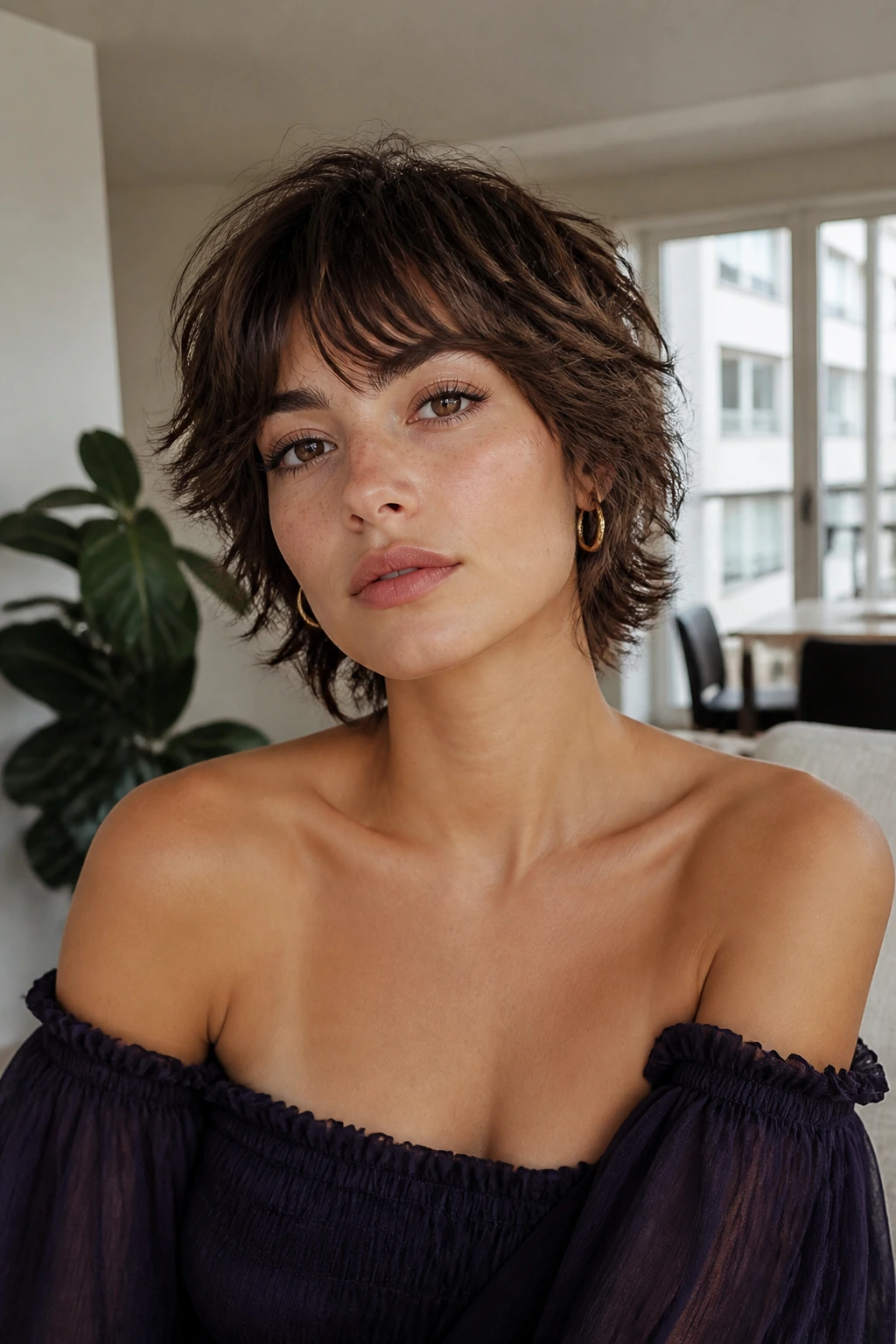 Real woman with airy textured short shag hairstyle.