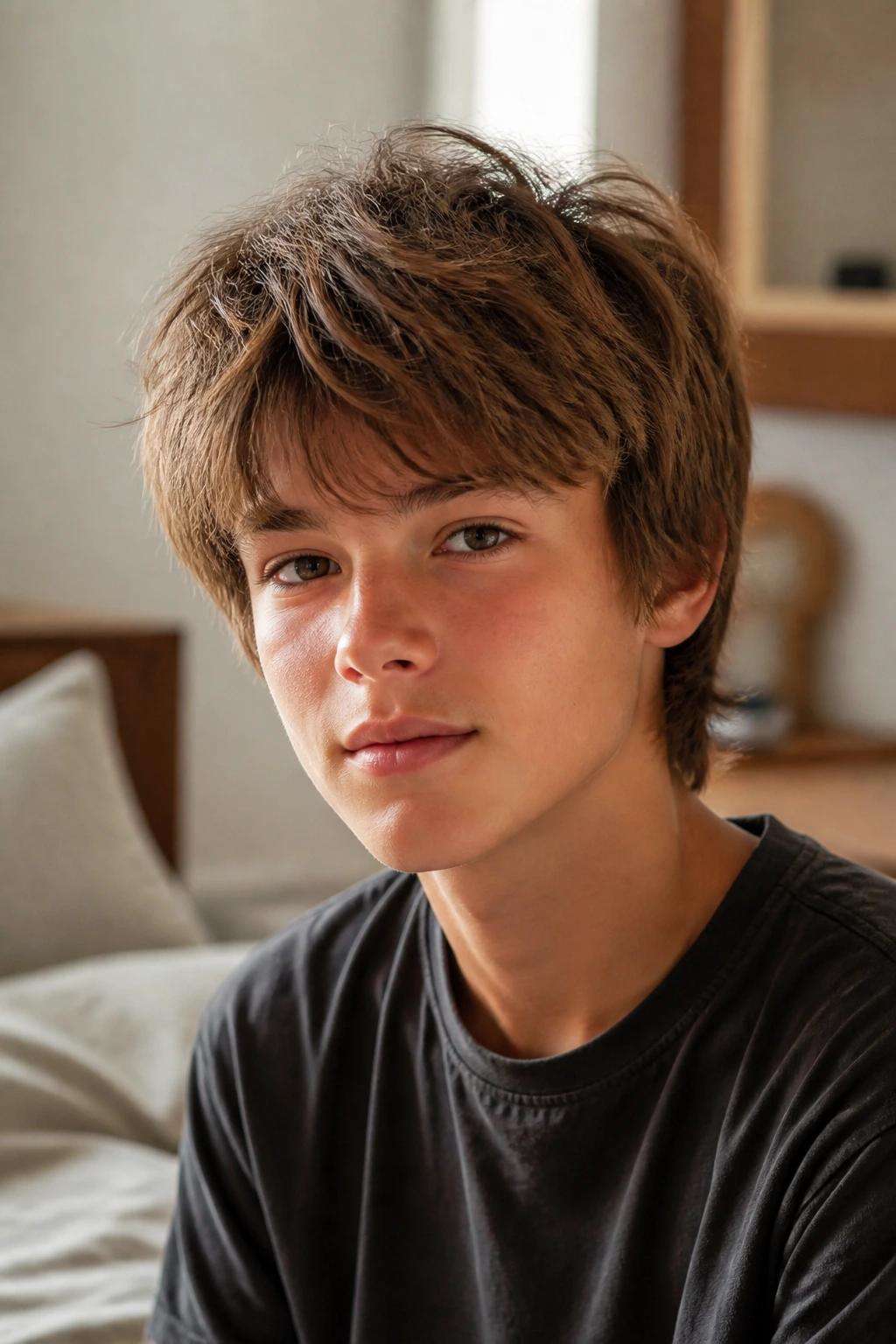 Close-up portrait of a real boy with a short shag and airy layered crown.