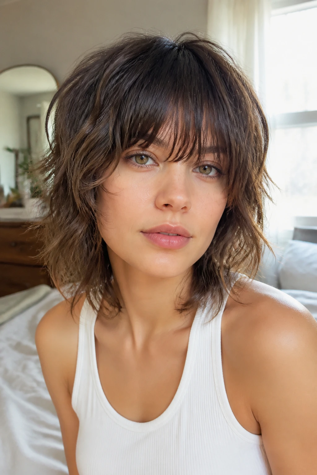 Close-up portrait of a real person with brow-skimming bangs and shag layers