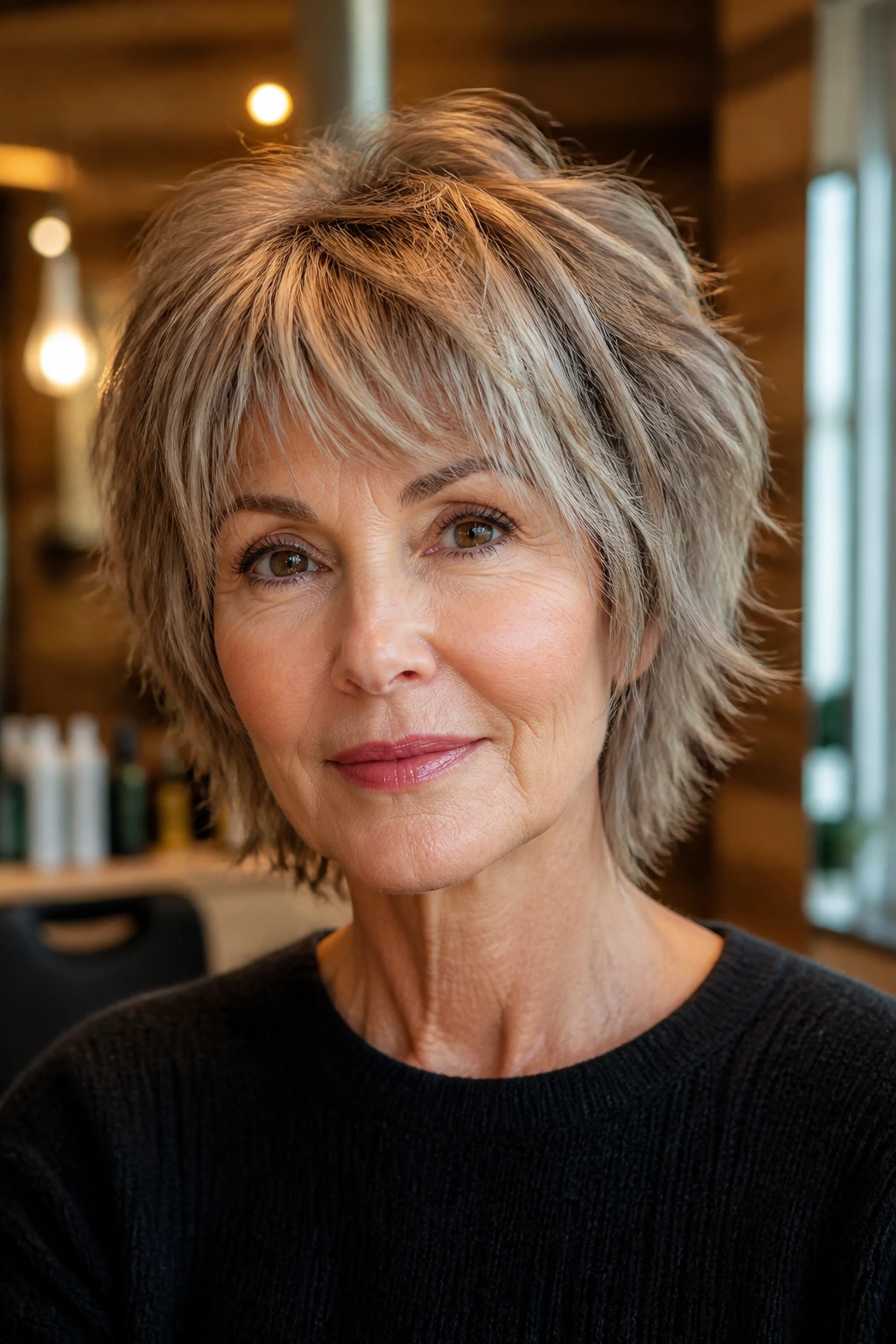 Close-up portrait of a real woman with a short choppy shag showing crown lift in a warm salon
