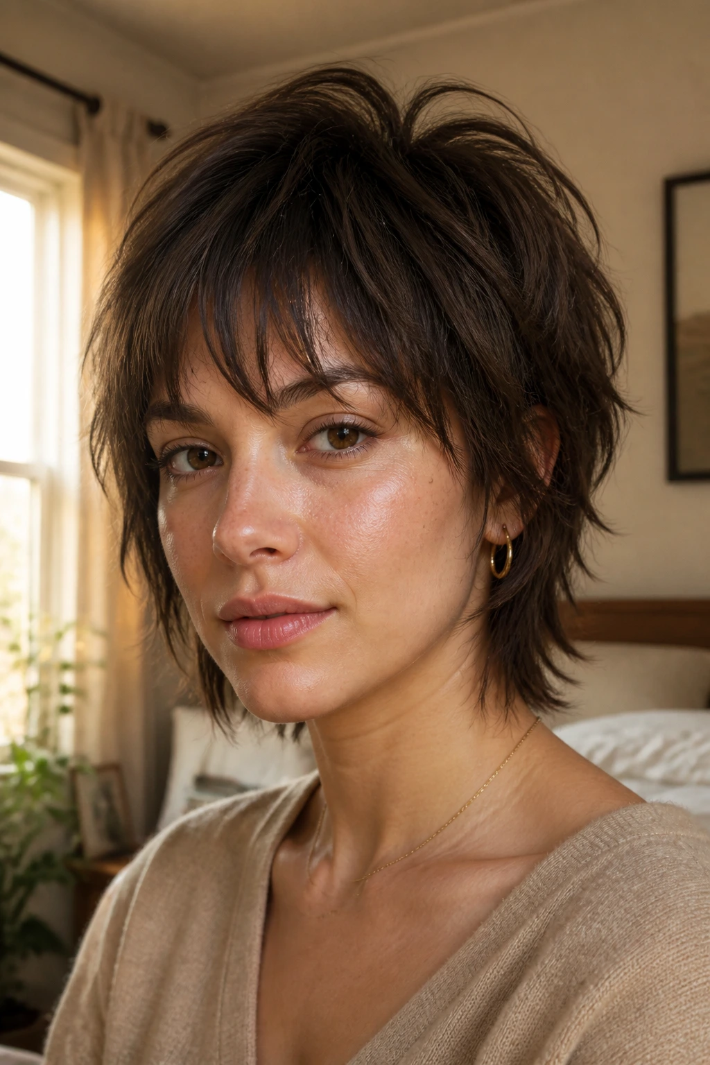 Real woman with short shag showing crown lift and cheekbone framing in warm bedroom light