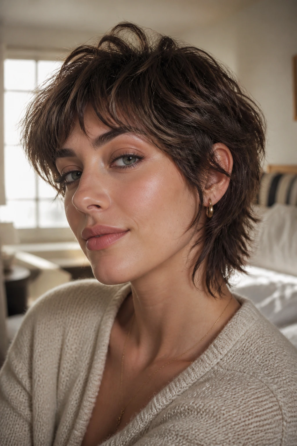 Close-up portrait of a real woman with a short shag showing crown lift and textured ends