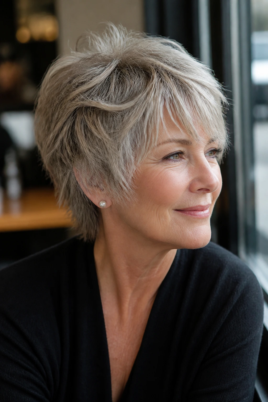 Portrait of a woman with crown-textured short shag, crown lift, in a cafe window setting.