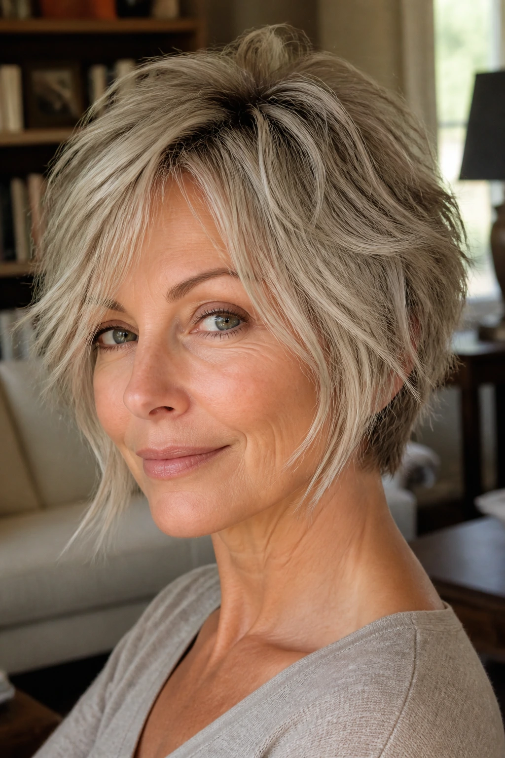 Close-up portrait of a real woman with short shag and crown texture