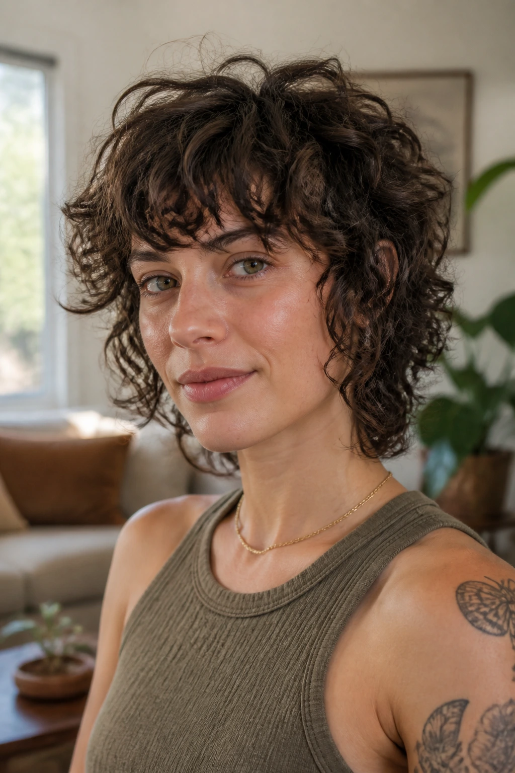 Profile close-up of a real person with short shag and loose curls harmony