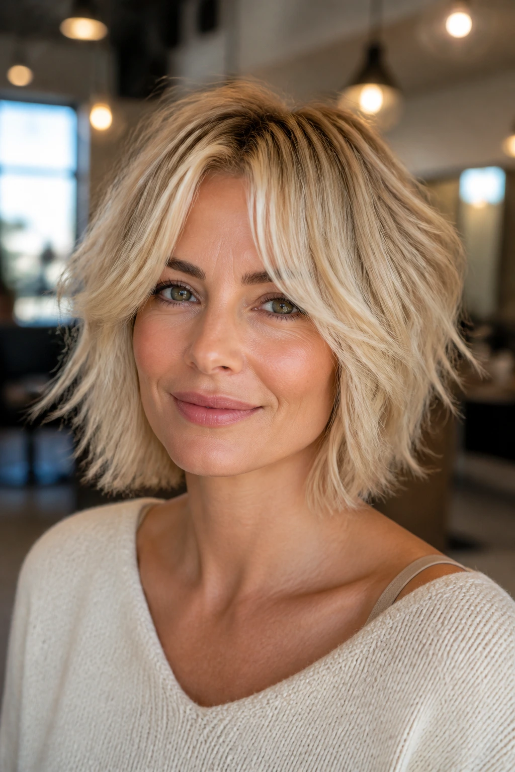 Close-up portrait of a real woman with a short shag and curtain bangs in creamy blonde