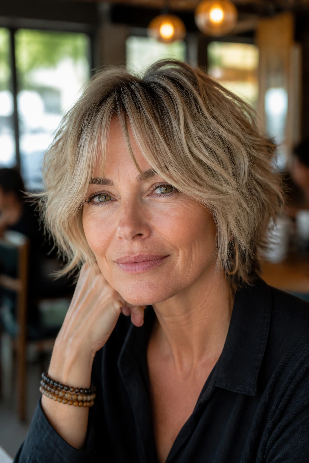 Close-up portrait of a woman with short shaggy haircut and curtain bangs in a cafe setting