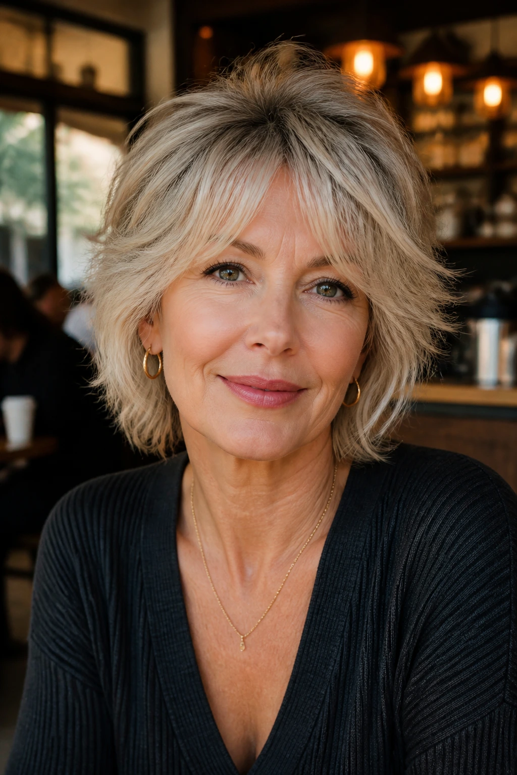 Portrait of real woman with short shaggy haircut and curtain bangs.