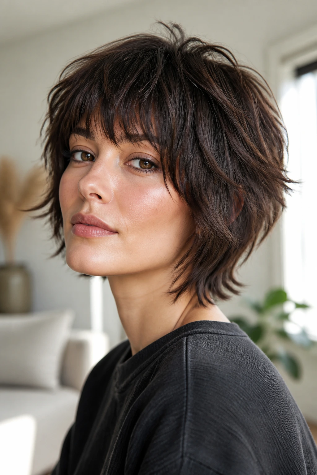 Close-up portrait of a real woman with a bold short shag and bangs in a bright living room