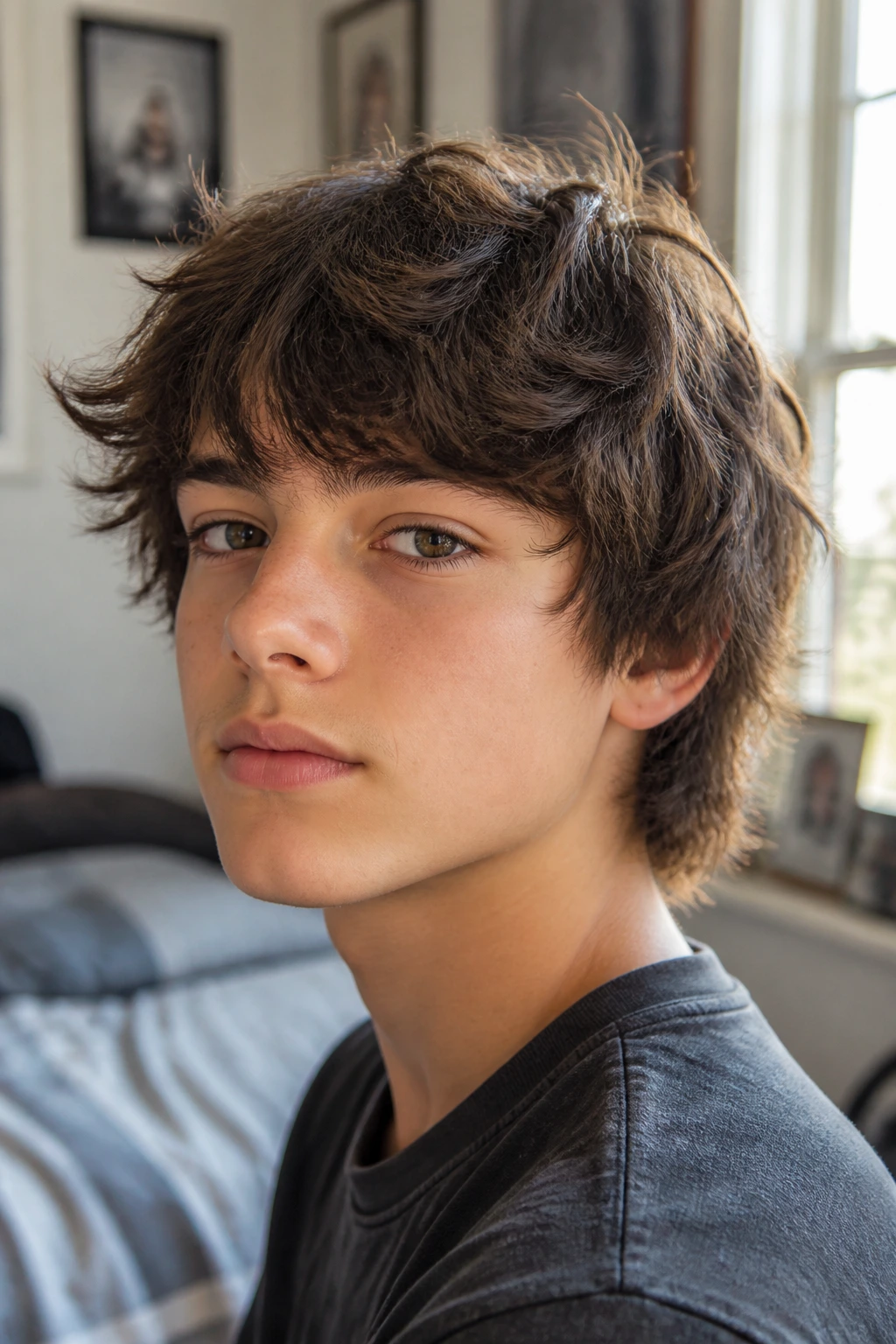 Close-up portrait of a boy with short shag hairstyle and feathered ends