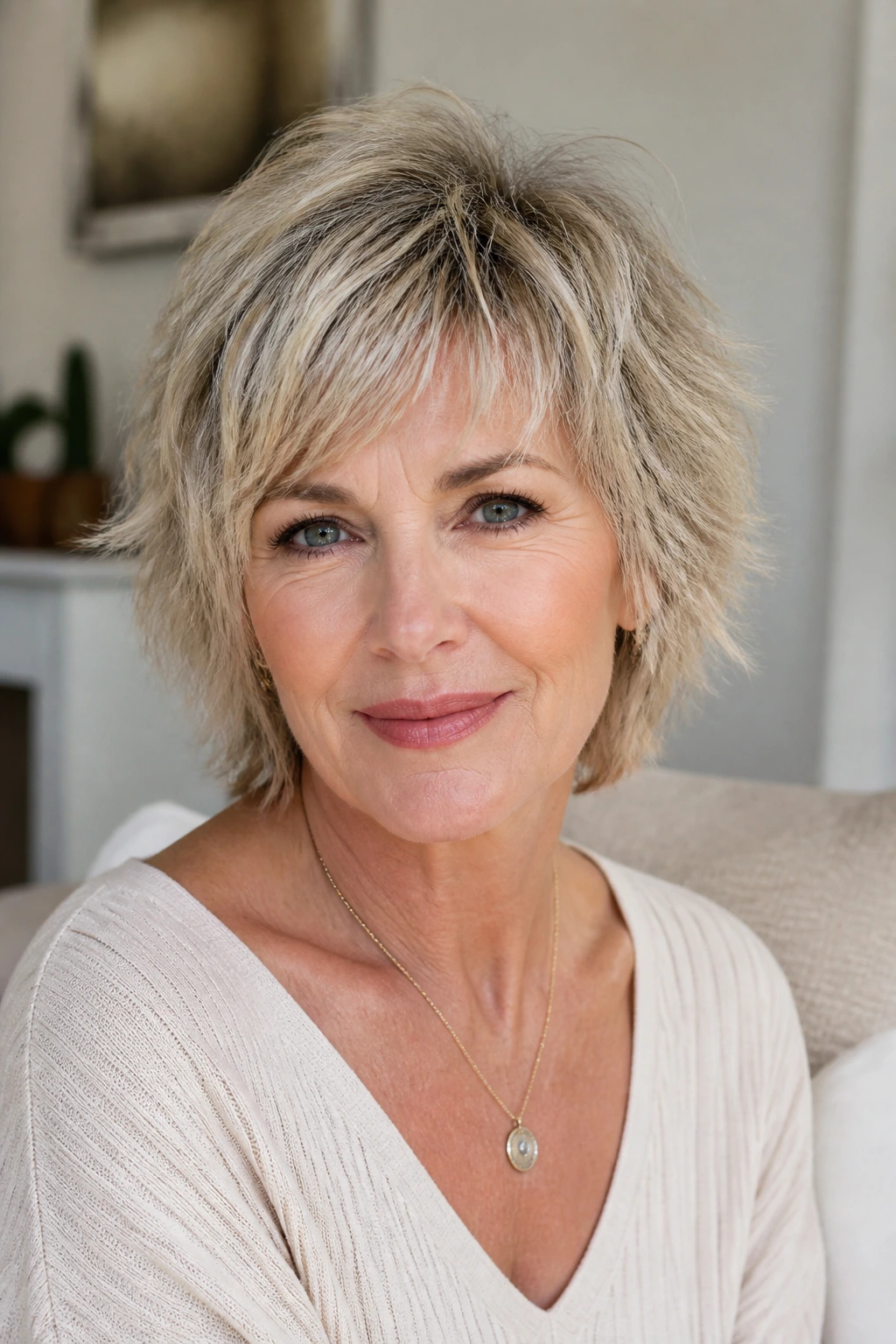 Close-up portrait showing a short shag on fine hair with crown lift.