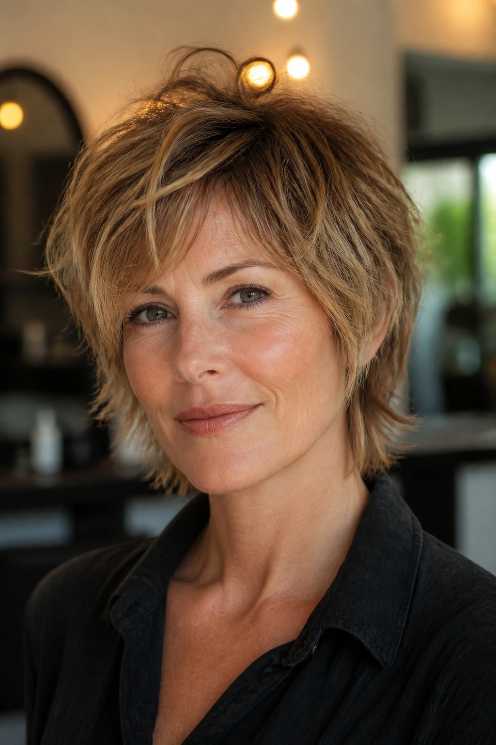 Close-up portrait of a person with a short shag on fine hair showing crown lift and soft layers