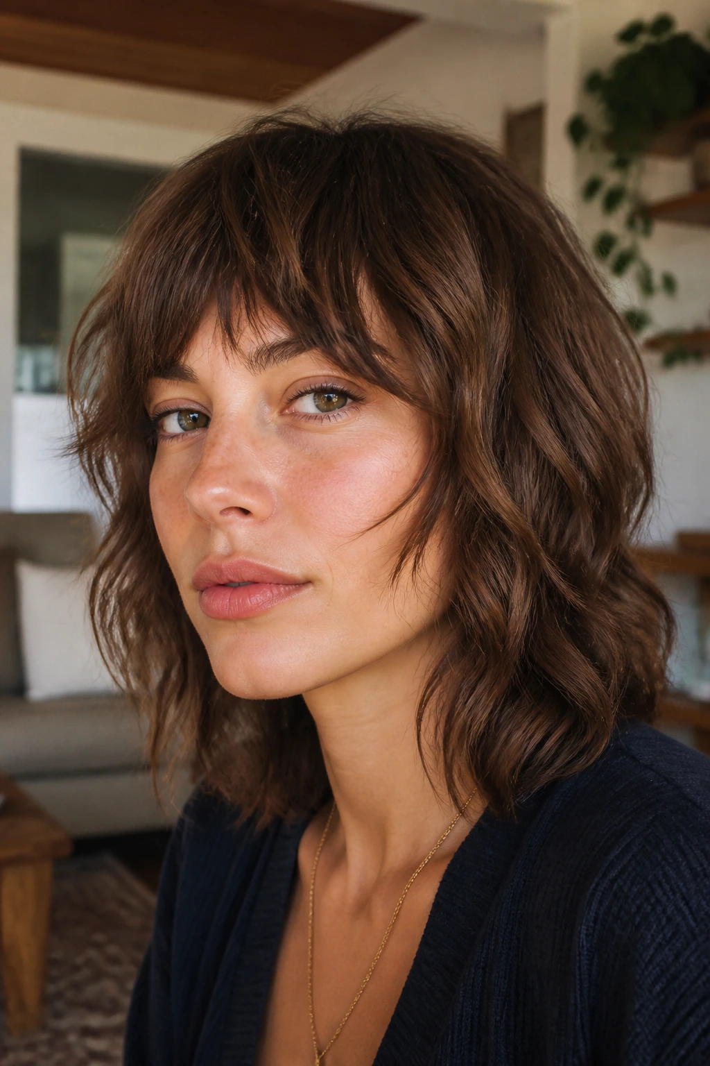 Close-up of a real woman with cheekbone-length short shag fringe and wavy hair