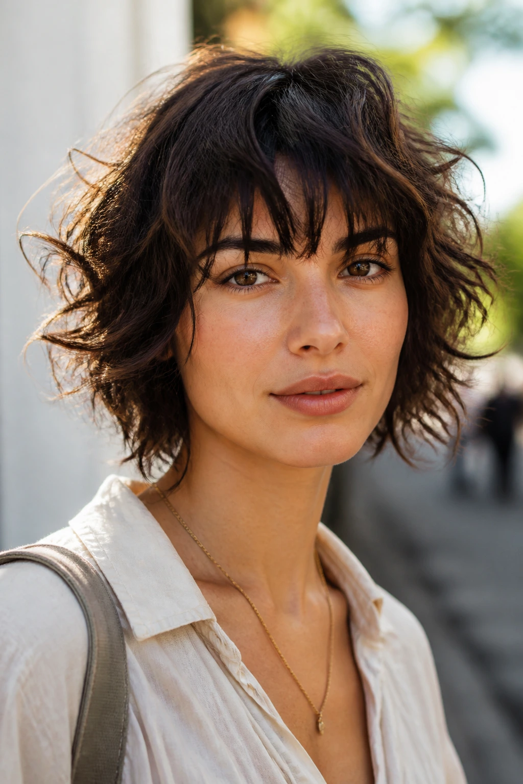 Close-up of a real person with The Short Shag with Fringe showing fringe and shaggy layers