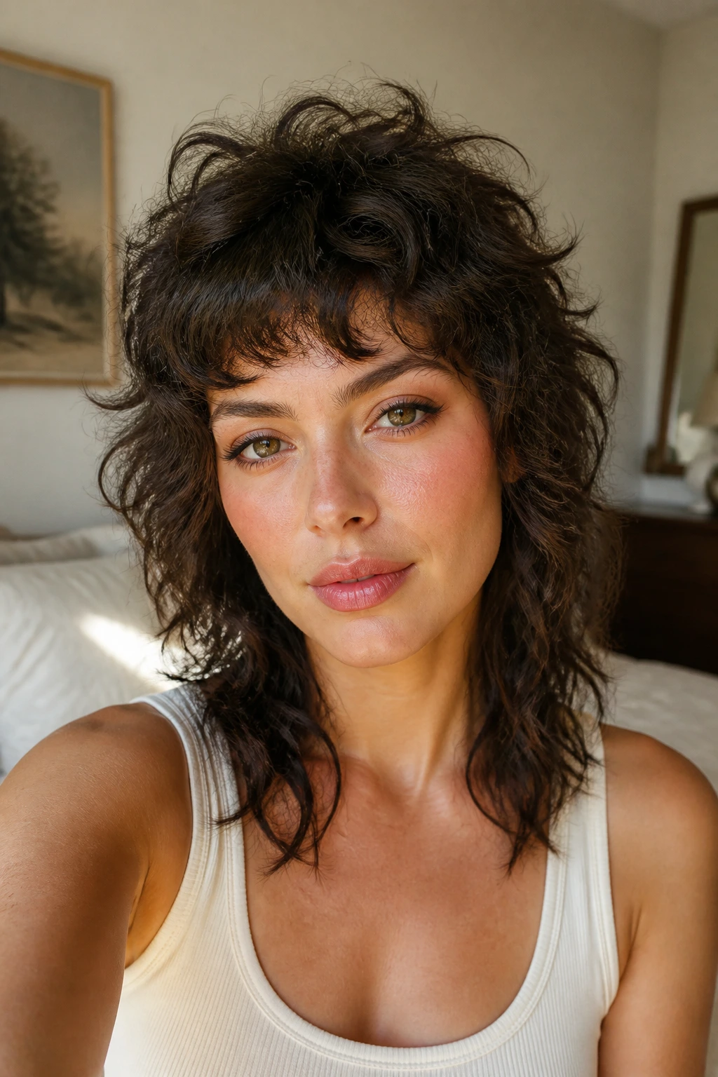 Woman with short shag fringe showing movement and texture