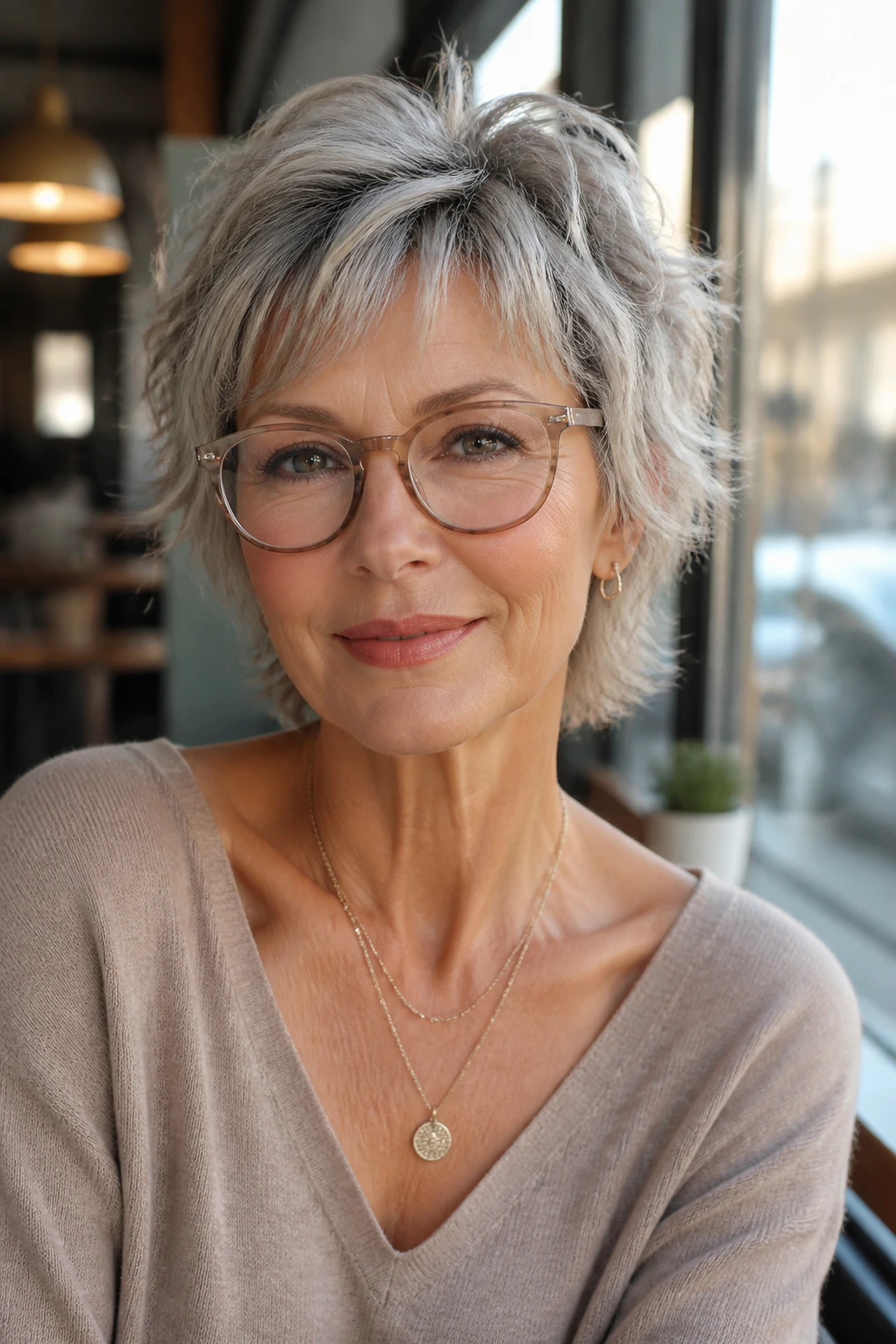 Portrait of a woman with short choppy shag and glasses in cafe window light.