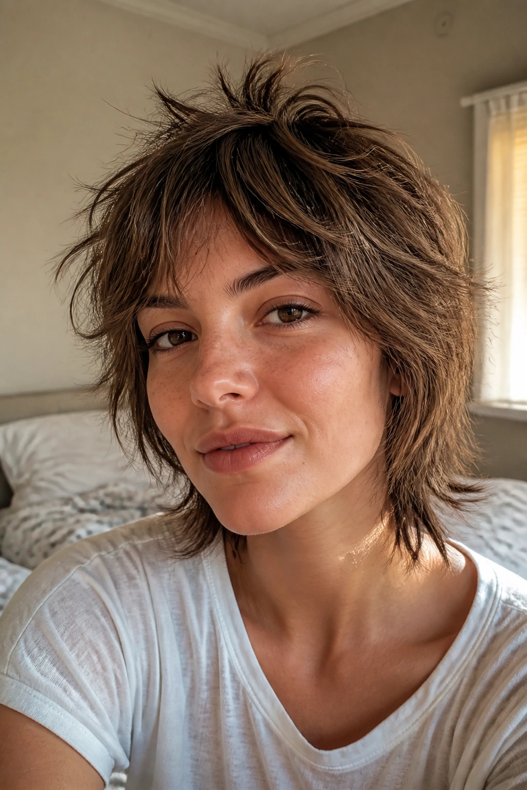 Close-up of a real person with a messy short shag, showing crown lift and fringe movement in morning light