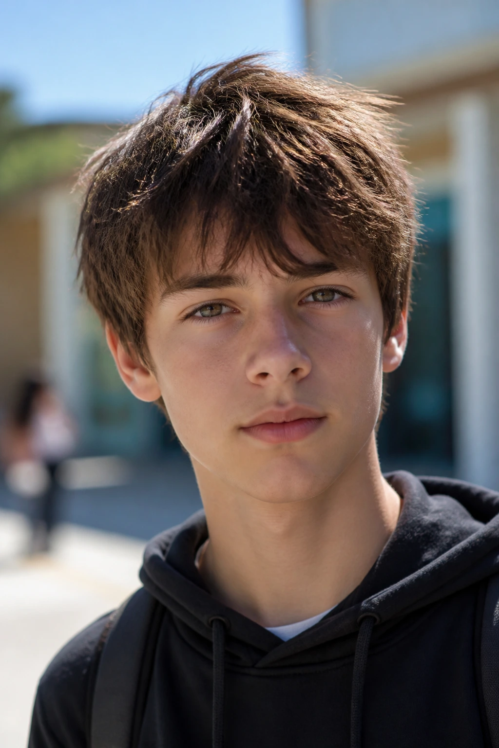 Close-up of a real boy with a short shag haircut in a sunlit outdoor setting.