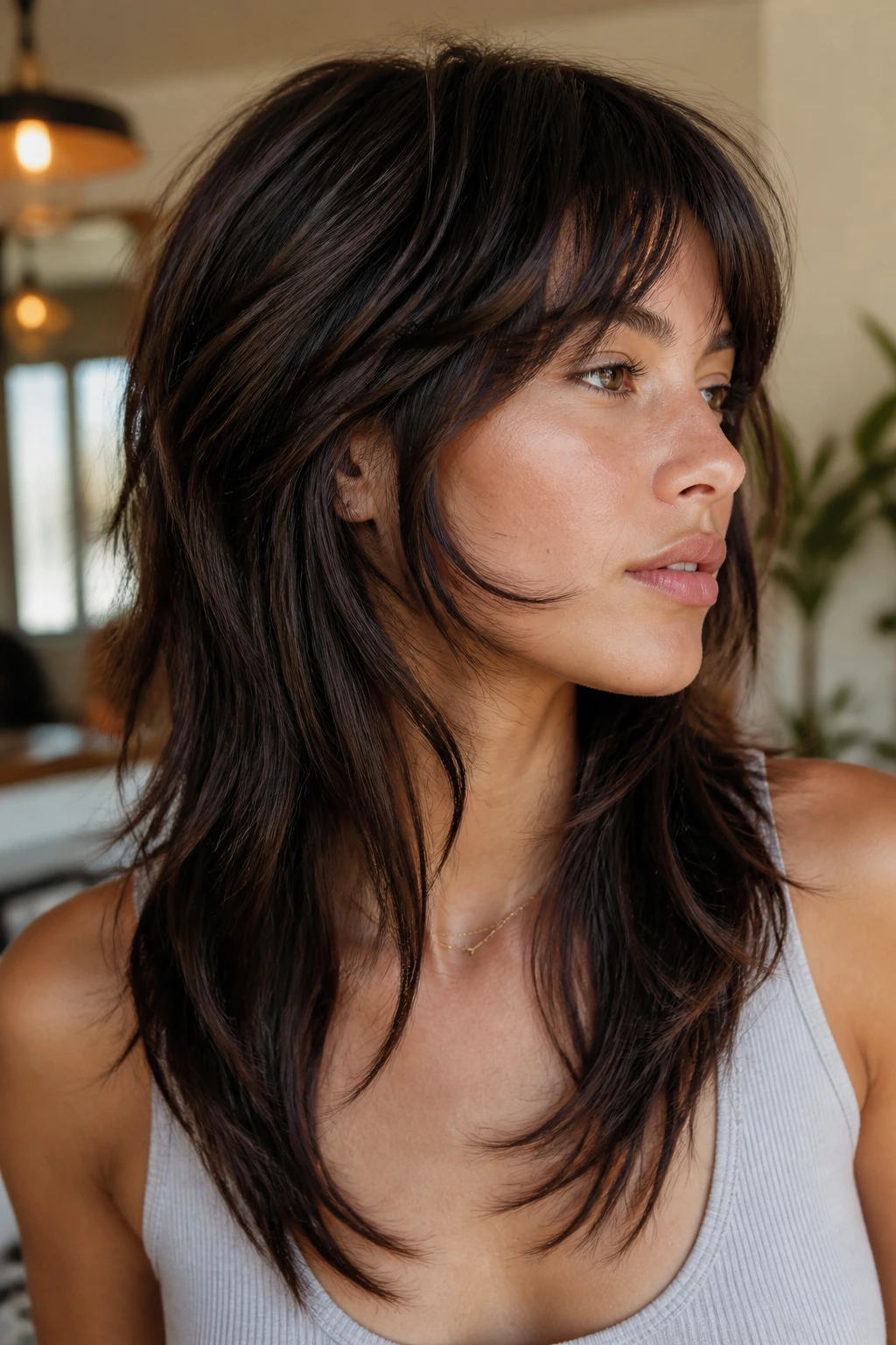 Portrait of a real woman showing a well-shaped shag with lifted crown and face-framing layers