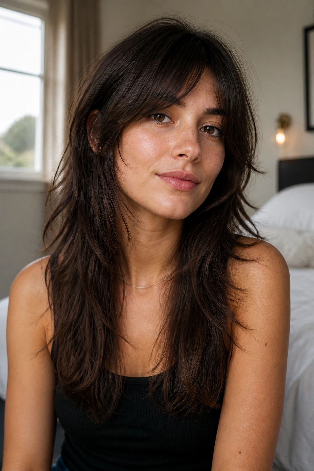 Close-up portrait of woman with short crown-lift shag and long hair