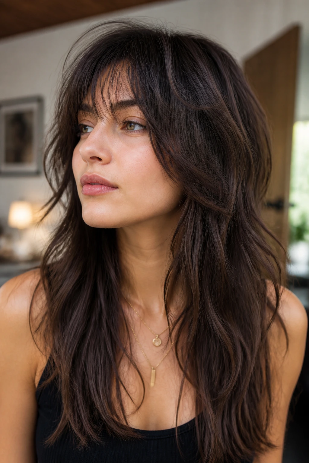 Close-up of long-haired woman with short shag crown layers.