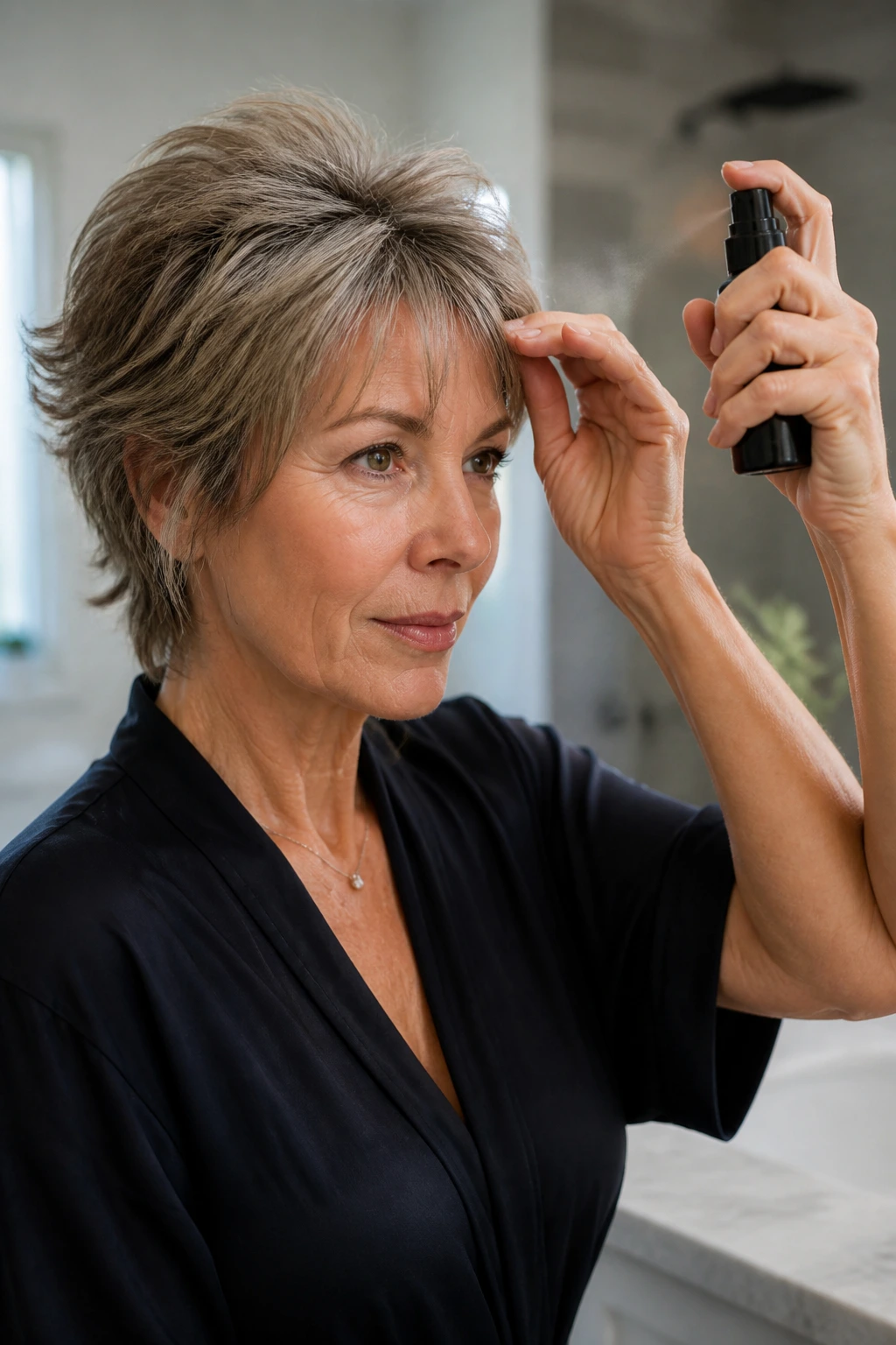 Close-up of a real woman with a short thinning shag maintaining shape in a bathroom