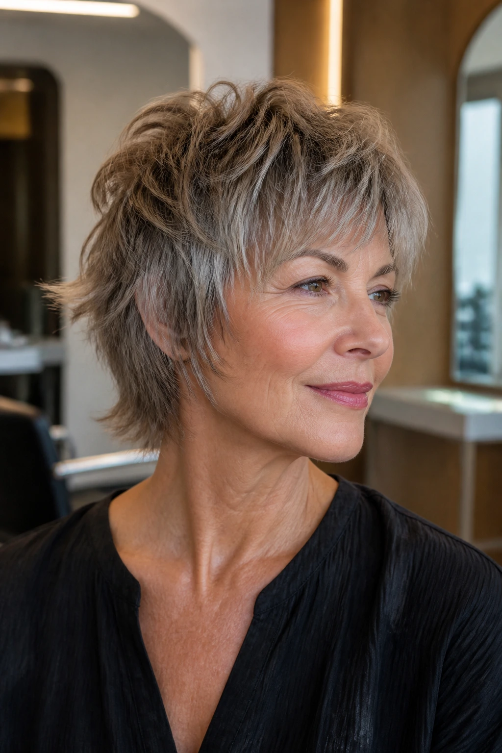 Portrait of mature woman with short choppy shag showing lift and texture.