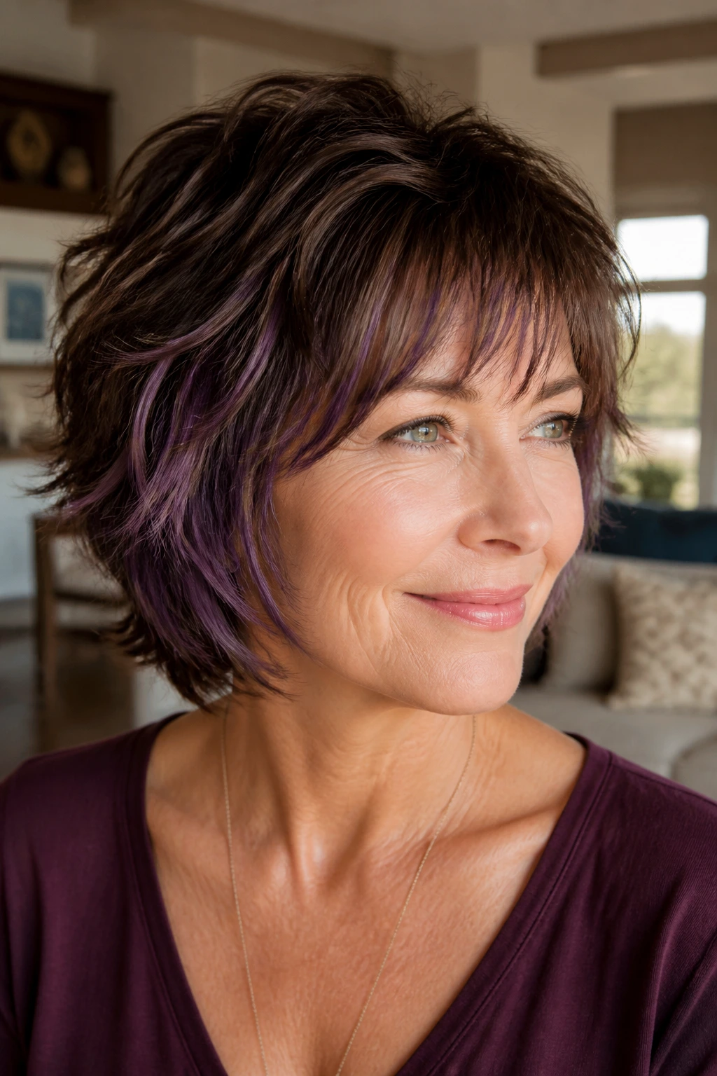 Close-up of a real woman with a short shag and peekaboo layers in natural window light.