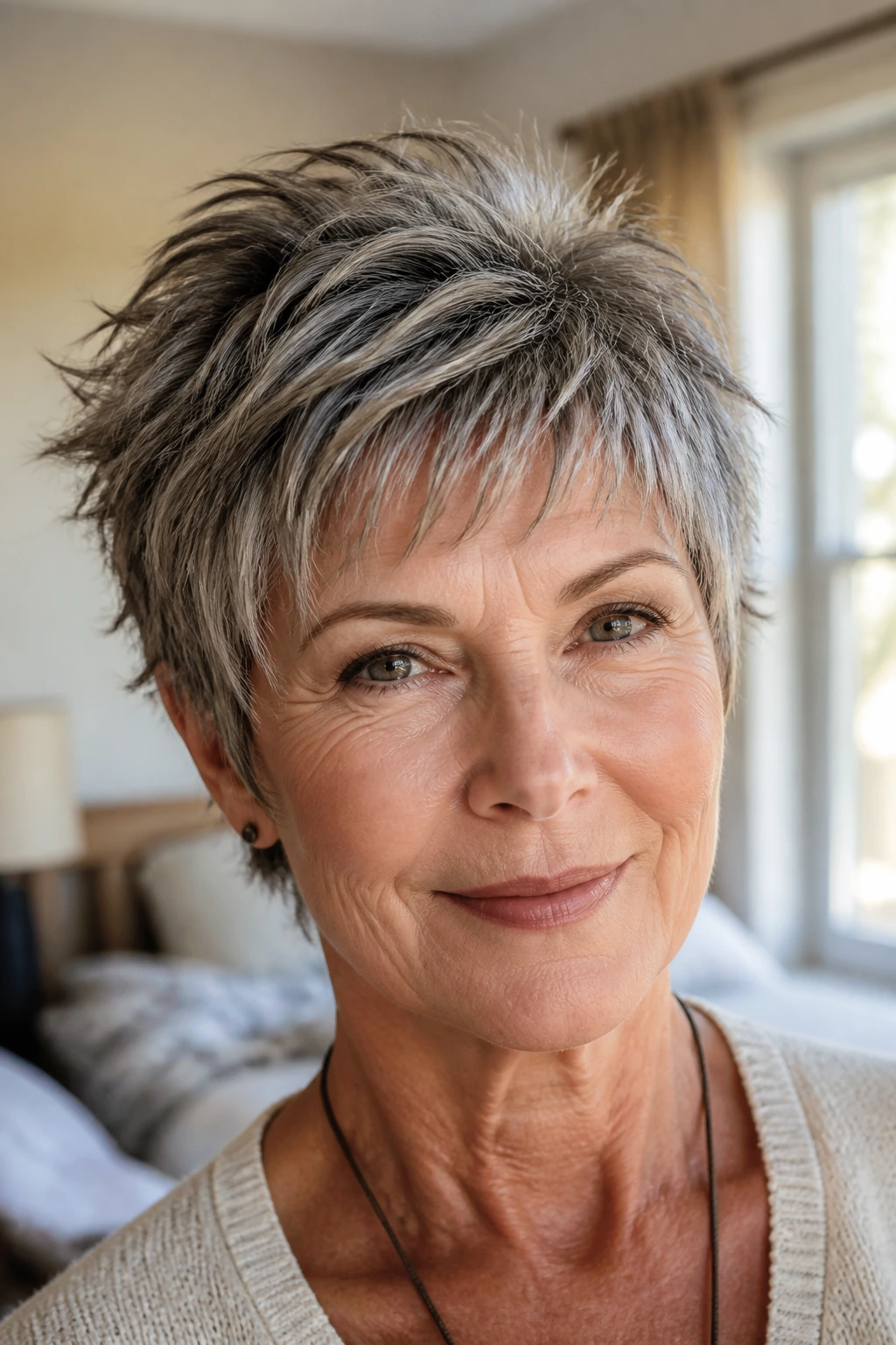 Close-up of a real woman with a textured short shag pixie in warm window light