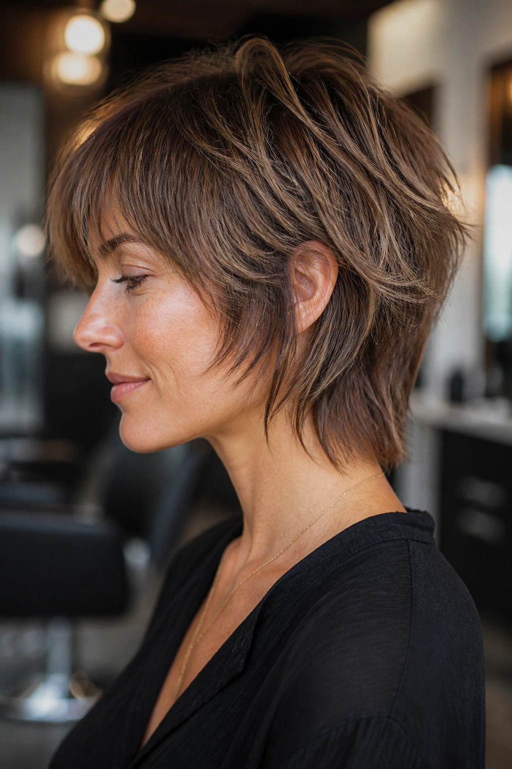 Side-profile close-up of a real person with a short shag showing perimeter and soft layers