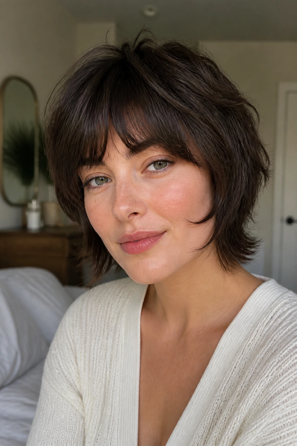 Real woman with short shag that frames the cheeks and lifts the crown for a round face.