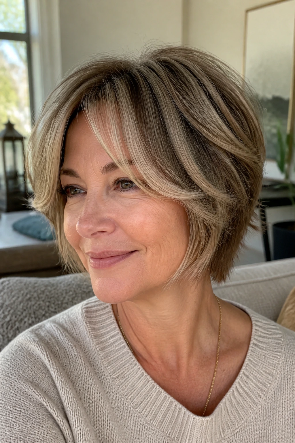 Portrait of a real woman with short shag stack and curtain bangs
