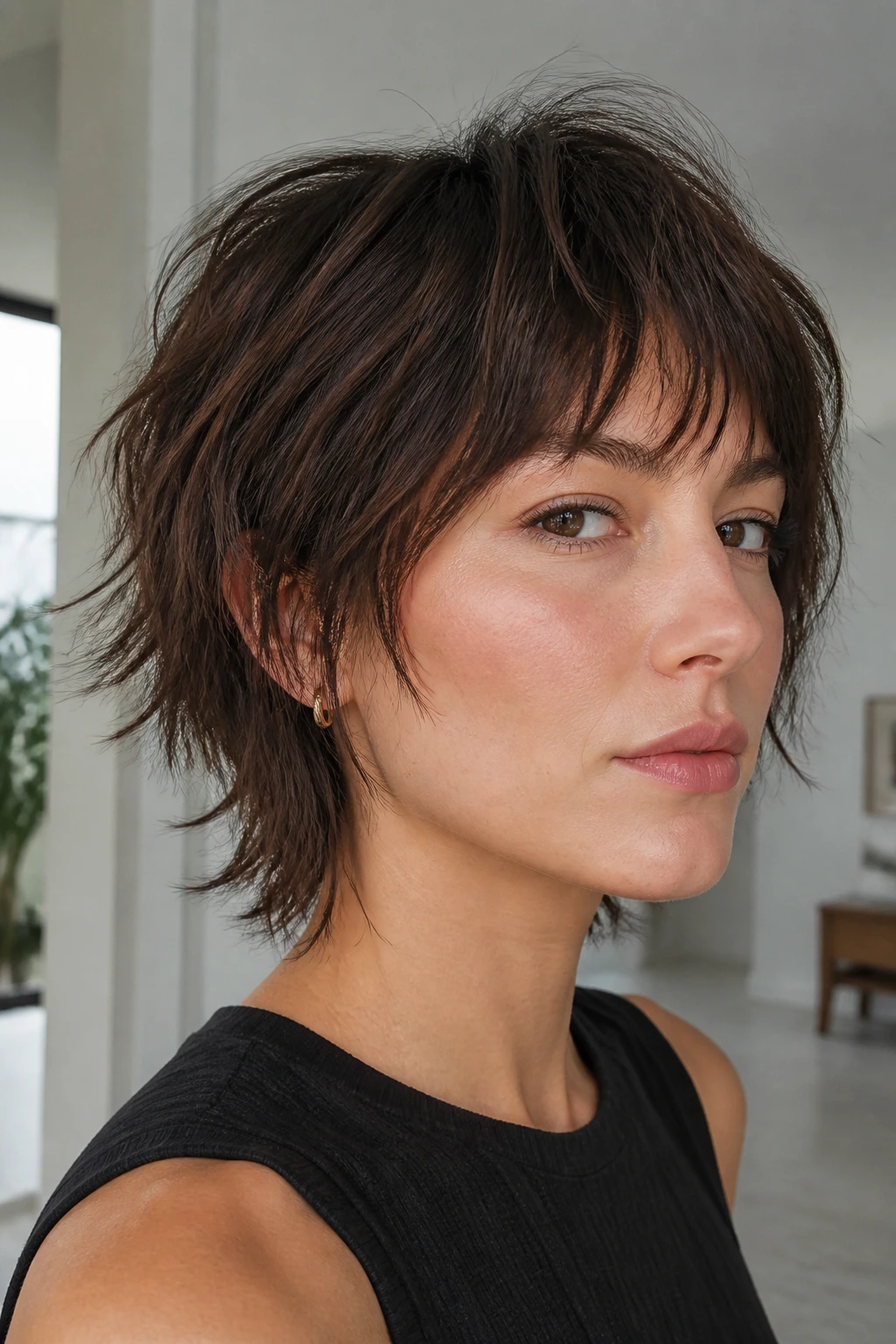 Portrait of a real person with straight short shag hairstyle